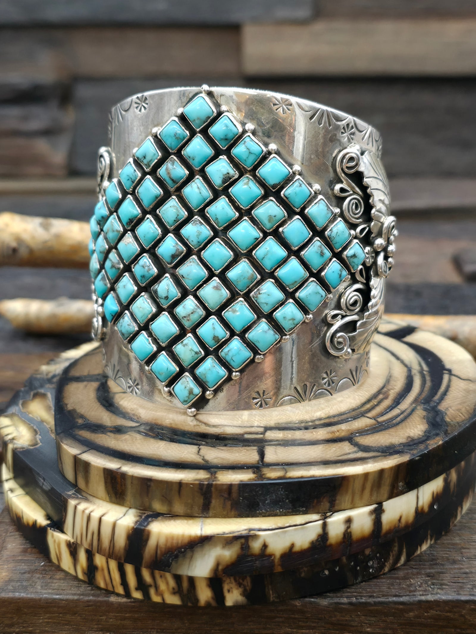 Sterling Silver Leaf Applique Bracelet with Small Turquoise Stones by S.U. - 7 in.