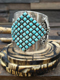 Sterling Silver Leaf Applique Bracelet with Small Turquoise Stones by S.U. - 7 in.