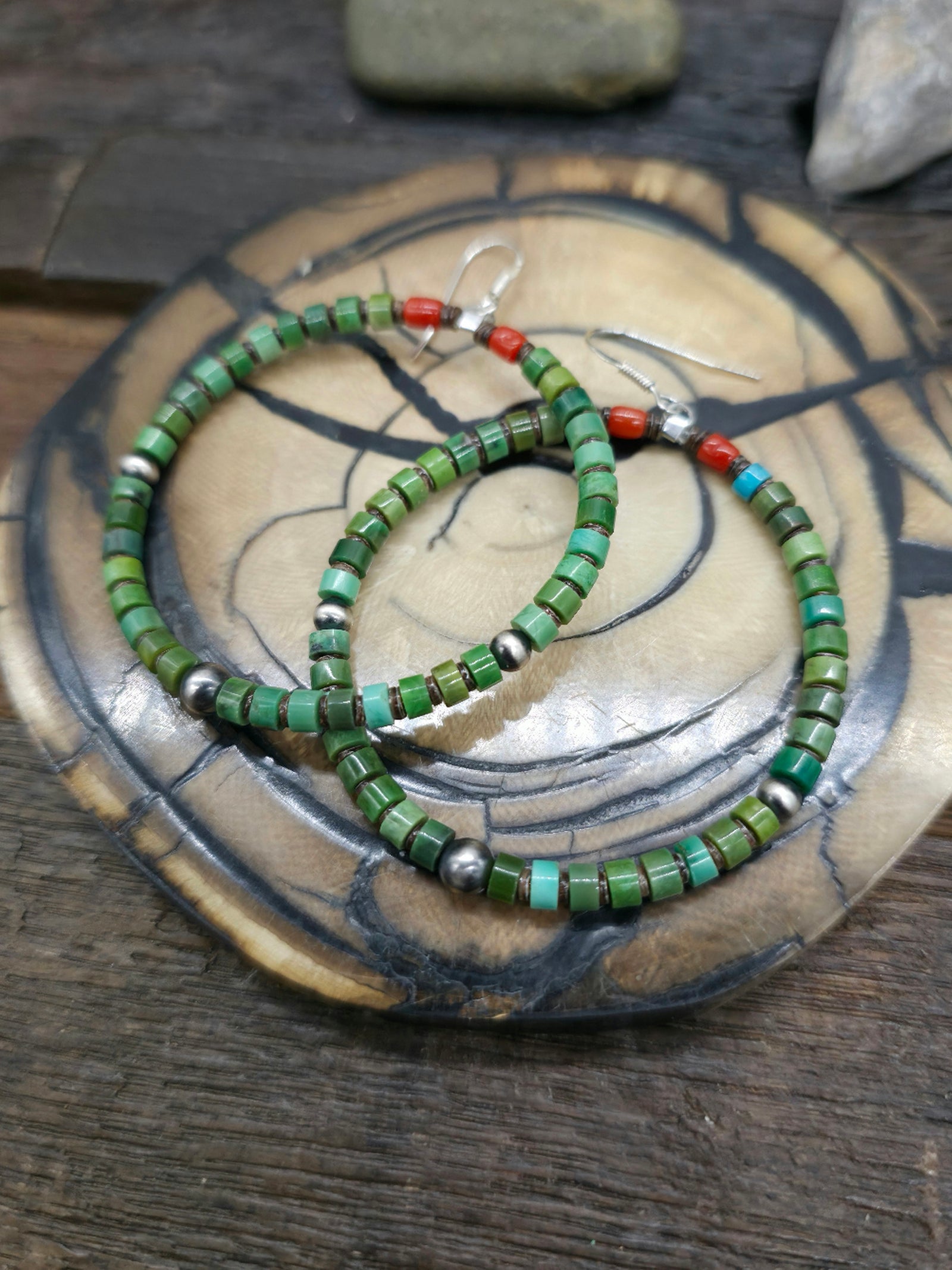 Green Turquoise Heishi and Sterling Silver Earrings by Irene Lovato