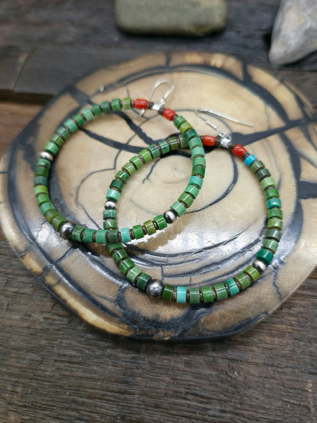 Green Turquoise Heishi and Sterling Silver Earrings by Irene Lovato