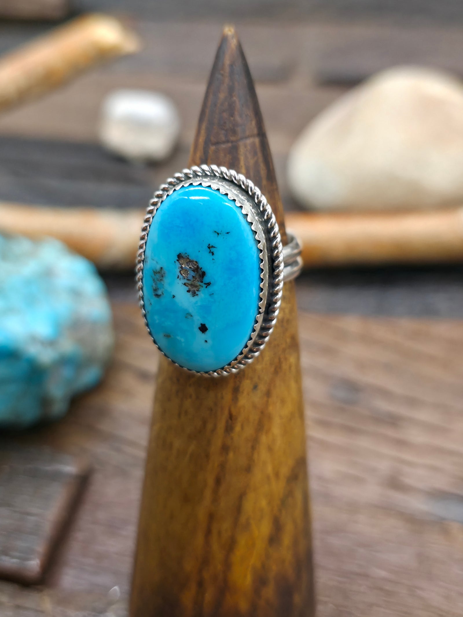 Large Oval Sterling Silver Turquoise Ring by Randall Enditto - Adjustable