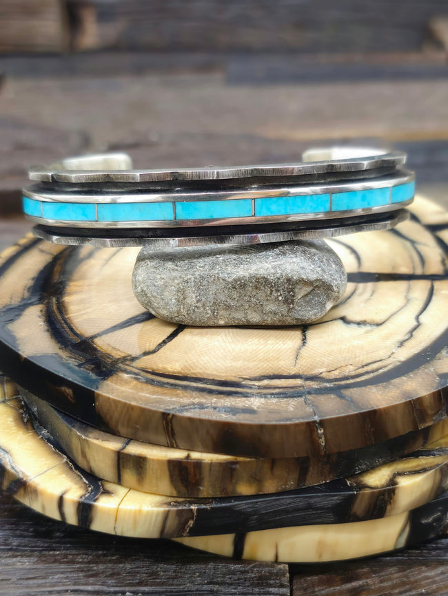Sterling Silver and Turquoise Channel Inlay Bracelet by Larry Loretto 7 in