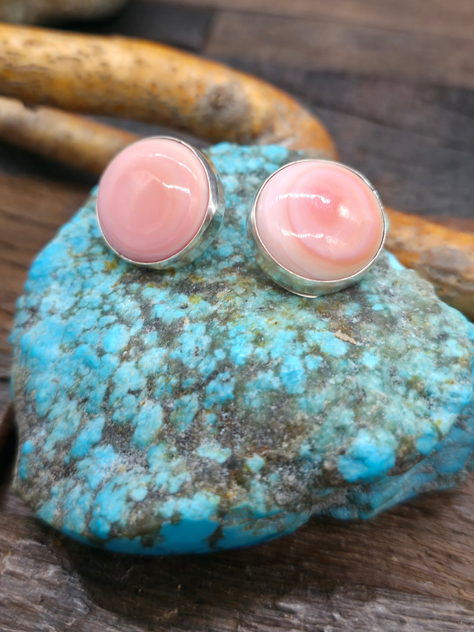 Sterling Silver Pink Conch Shell Round Post Earrings by Dorothy Yazzie