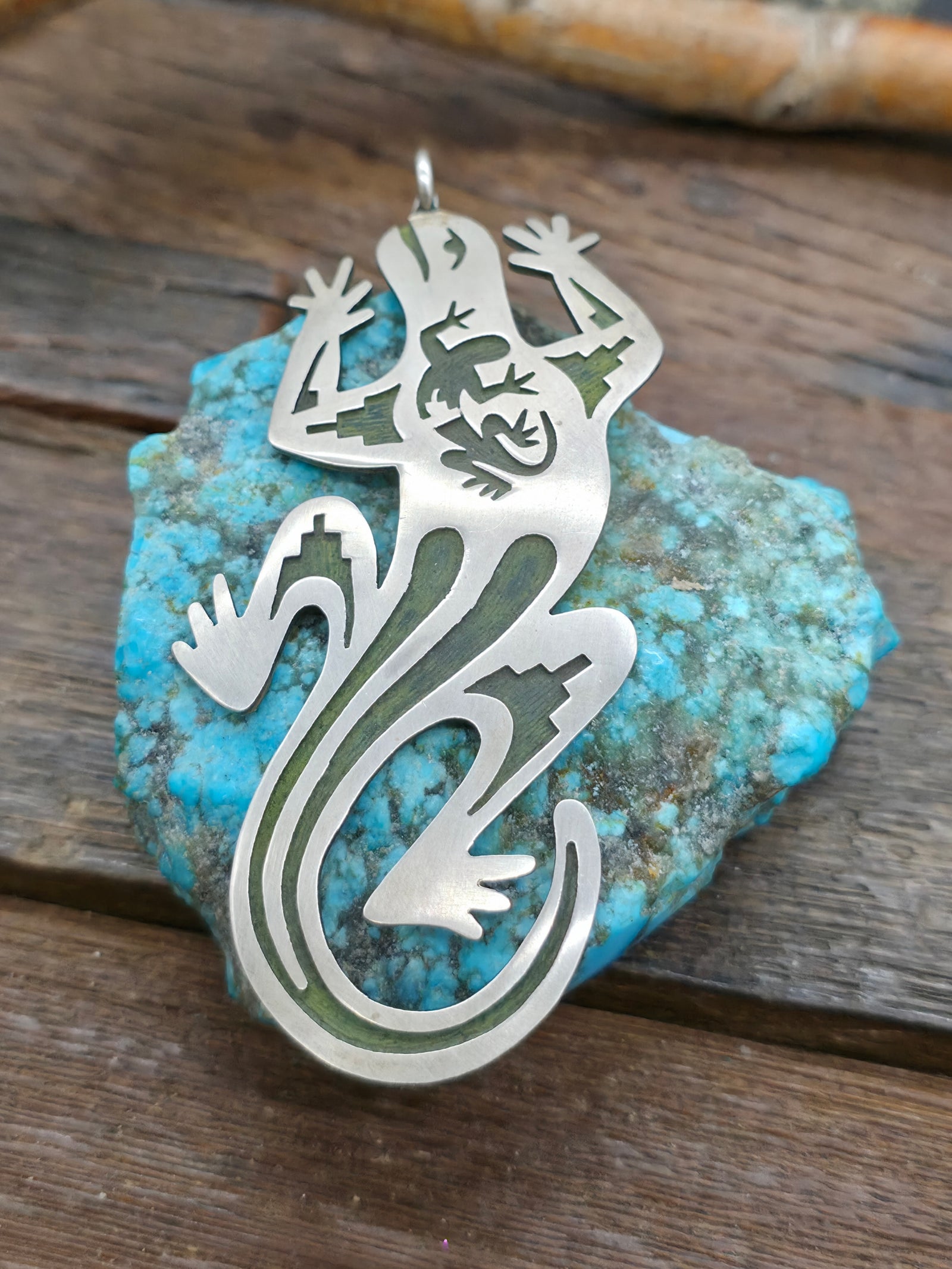 Sterling Silver Hopi Overlay Lizard Pendant  -  4 in. by 1 1/2 in.