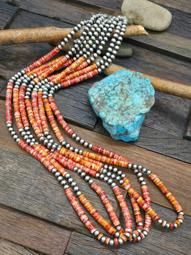 Four Stand Spiny Oyster Shell and Sterling Silver Bead Necklace by Fred Archuleta - 32 in.