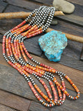 Four Stand Spiny Oyster Shell and Sterling Silver Bead Necklace by Fred Archuleta - 32 in.