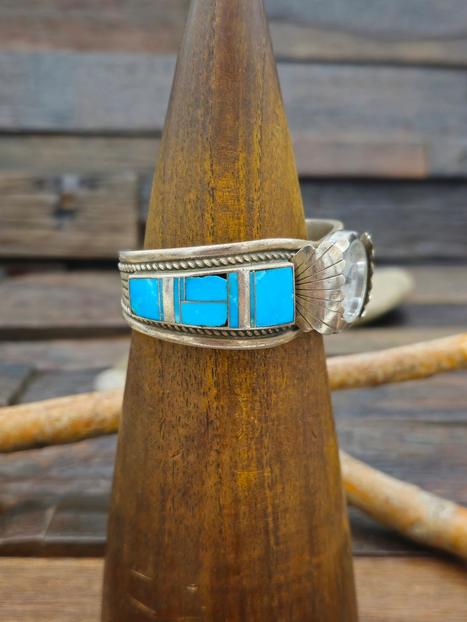 Vintage/Estate Sterling Silver and Turquoise Inlay Watch Cuff -6 1/2 in.