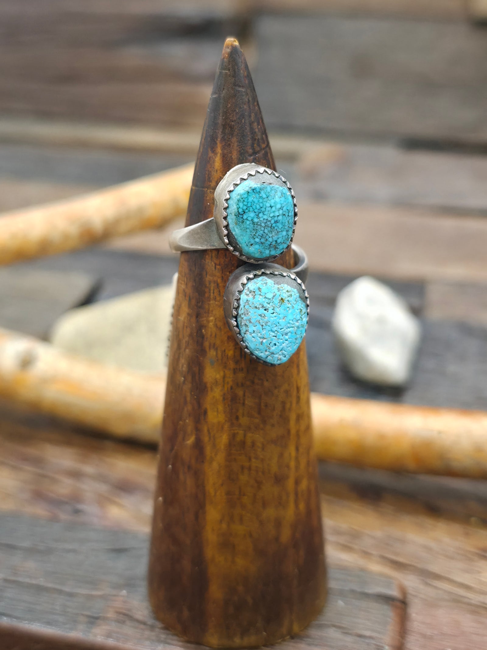 Two Stone Sterling Silver Turquoise Wrap Ring by L. Ganado - Adjustable