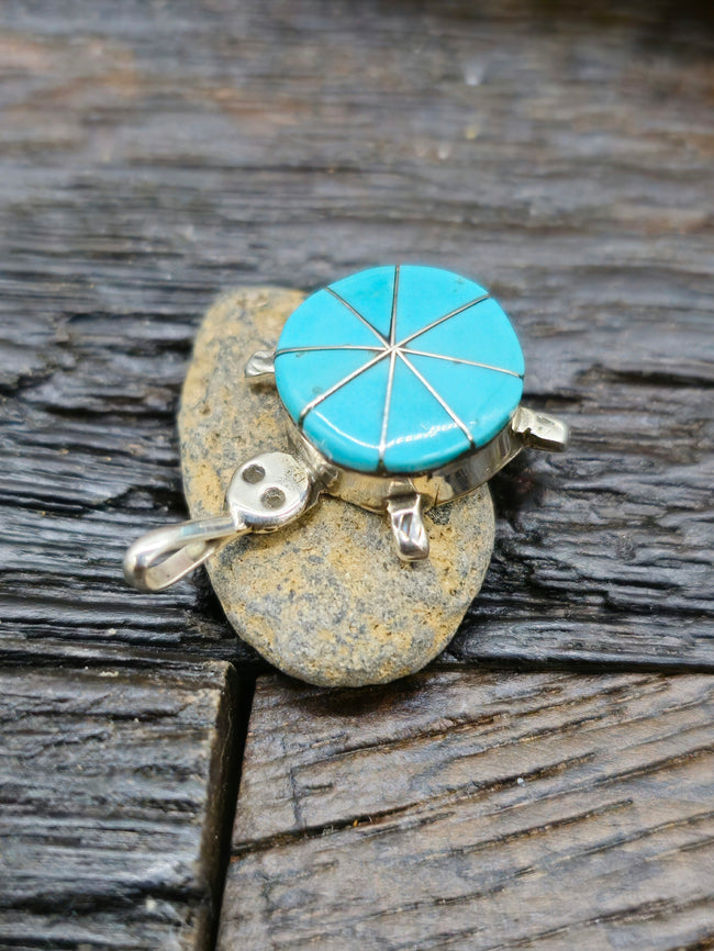 Sterling Silver and Turquoise Inlay Turtle Pendant