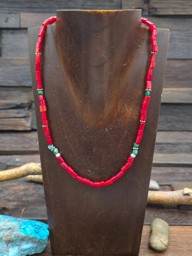 Red Coral and Sky Horse Turquoise Necklace w/Sterling Silver by Rose Singer - 16 in.