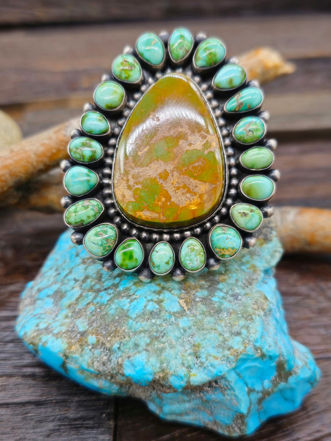 Large Green Turquoise Cluster Ring by Blaine Yellowstone - Size 9