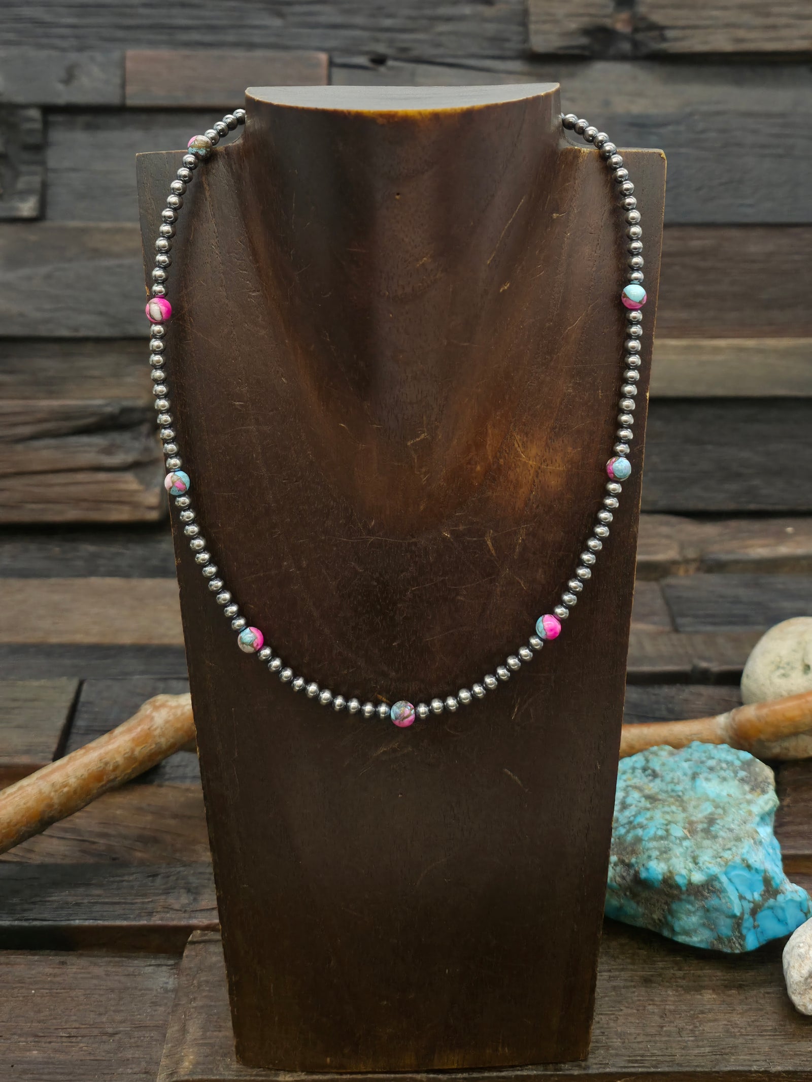 Cotton Candy Composite and Oxidized Sterling Silver Bead Necklace - 18 in.