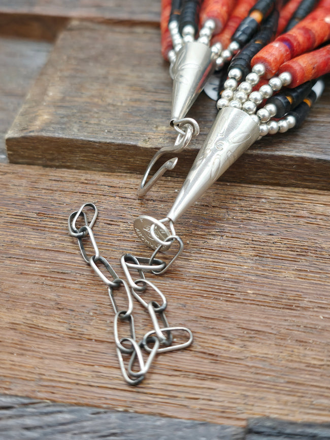10 Strand Jet, Apple Coral, and Lapis Heishi Necklace by Fred Archuleta -  22 in. w/4 in. Extender