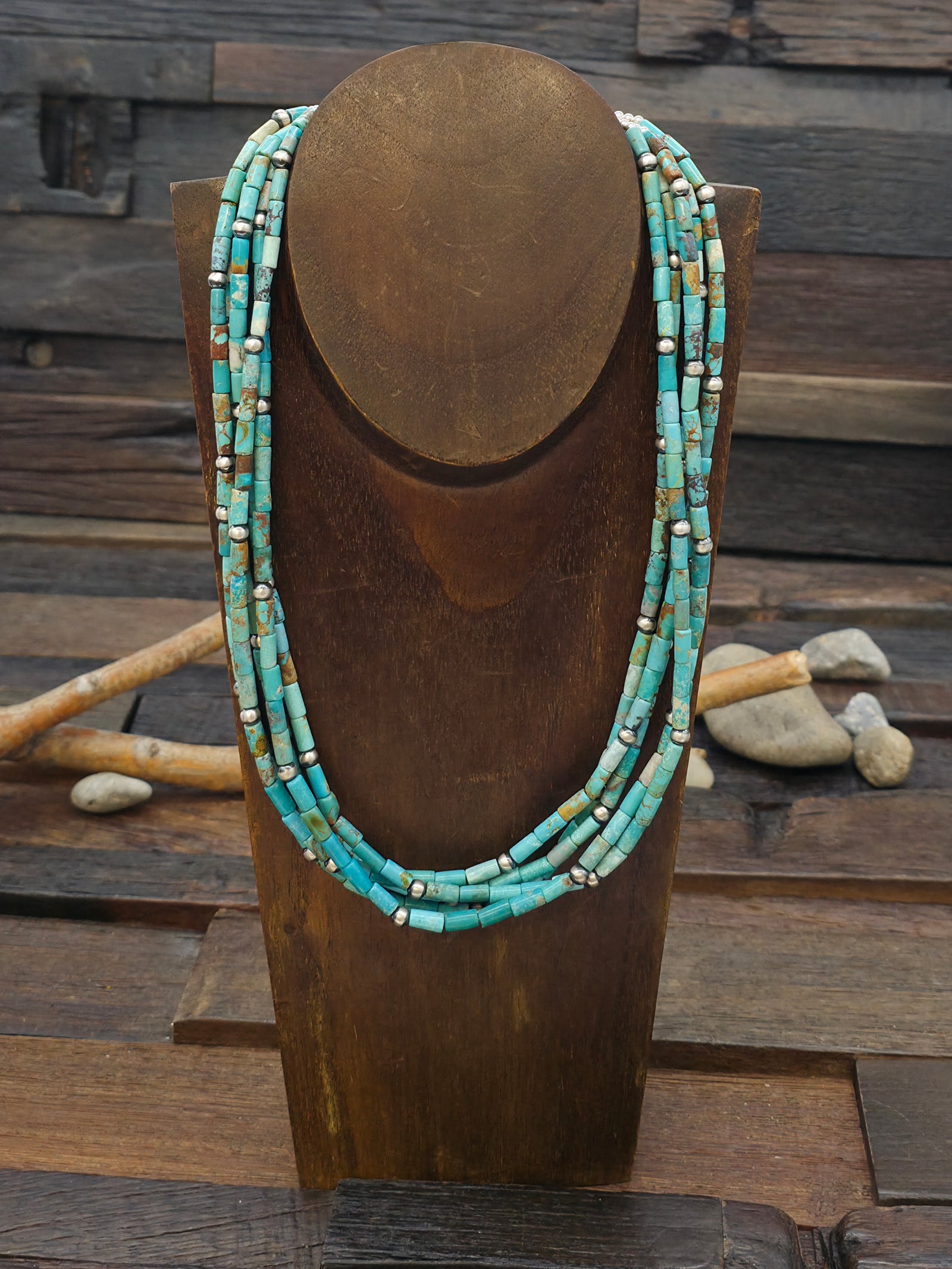 Five Strand Turquoise Bead Necklace with Sterling Silver Beads by Fred Archuleta - 20 in. Plus  8 1/2 in. Extender