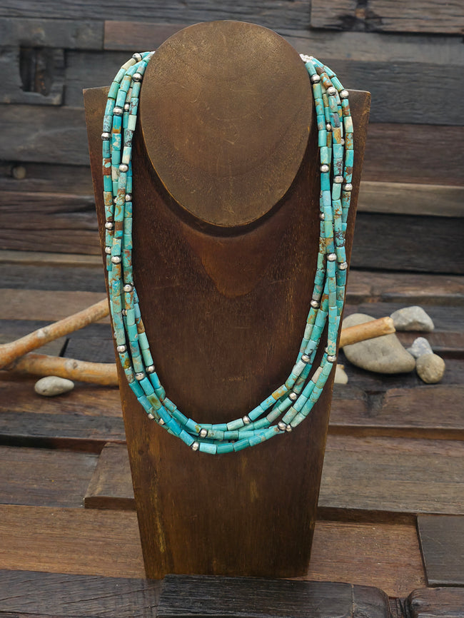 Five Strand Turquoise Bead Necklace with Sterling Silver Beads by Fred Archuleta - 20 in. Plus  8 1/2 in. Extender