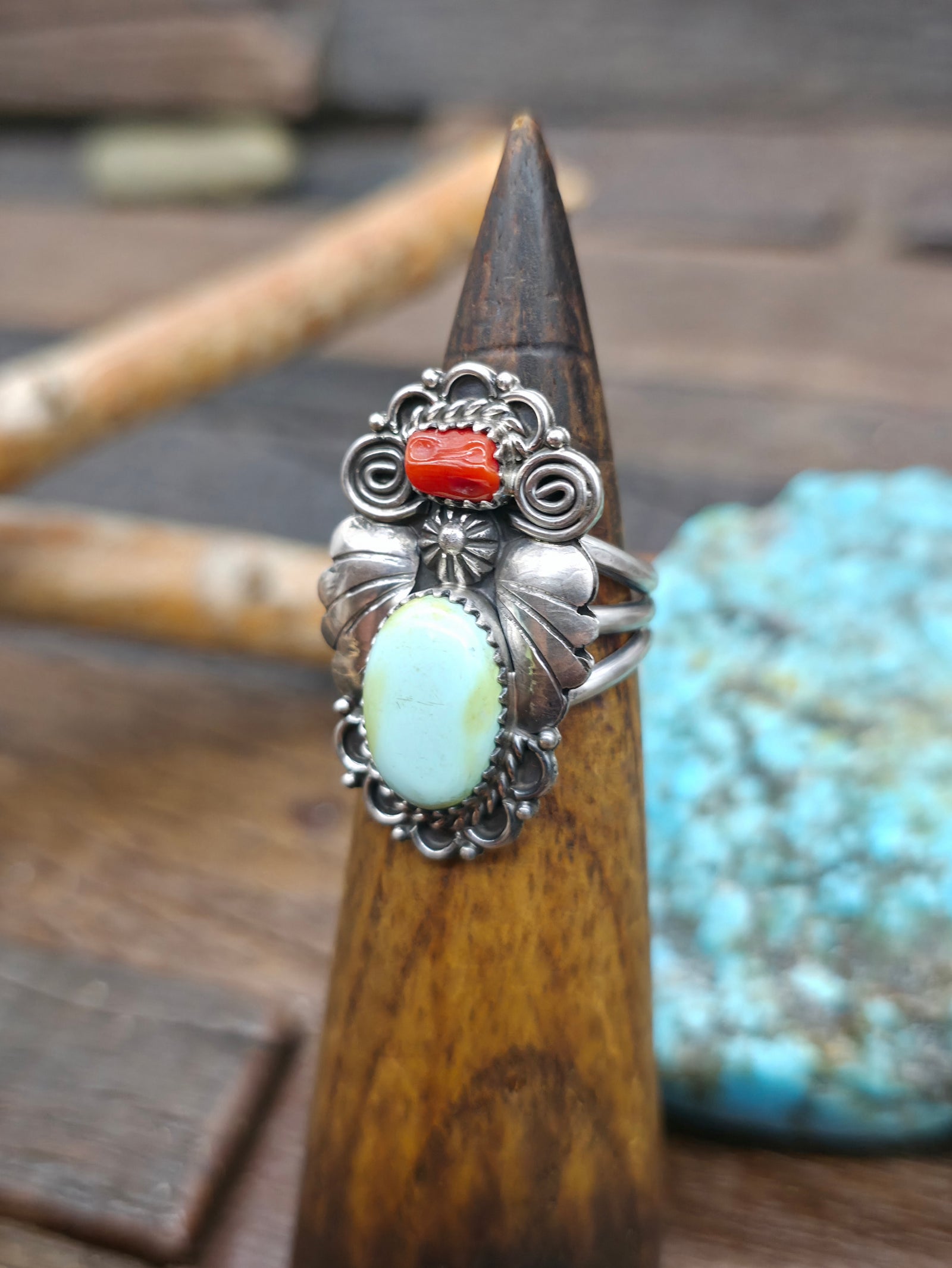 Two Stone Palomino and Coral Ring with Sterling Silver Leaf Applique by Renee Yazzie - Size 9