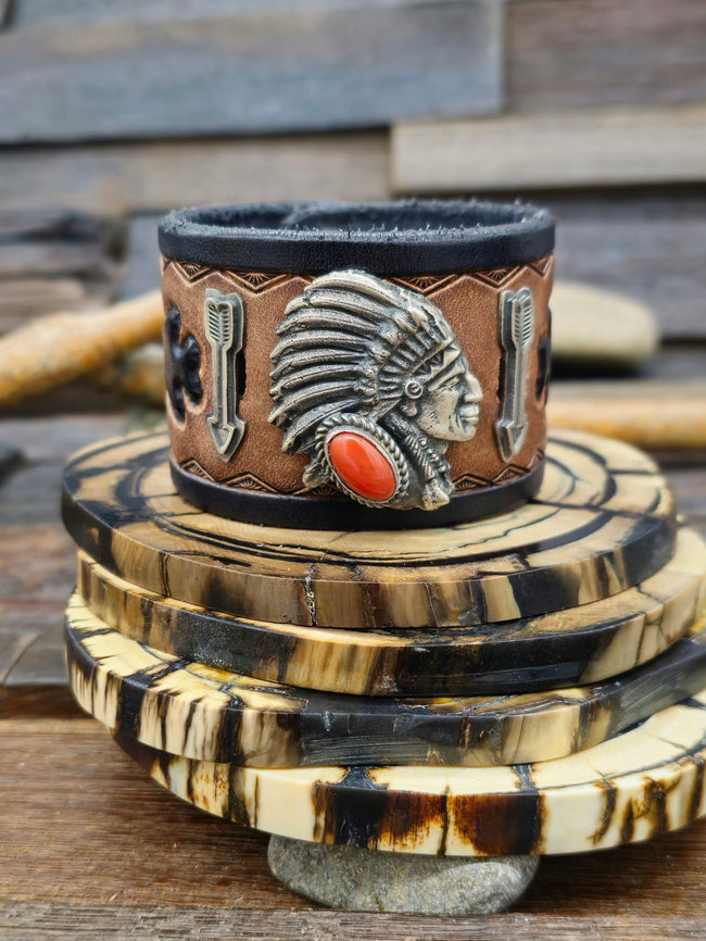 Leather Bracelet with Sterling Silver Applique by Ronald Tom - 8 in.