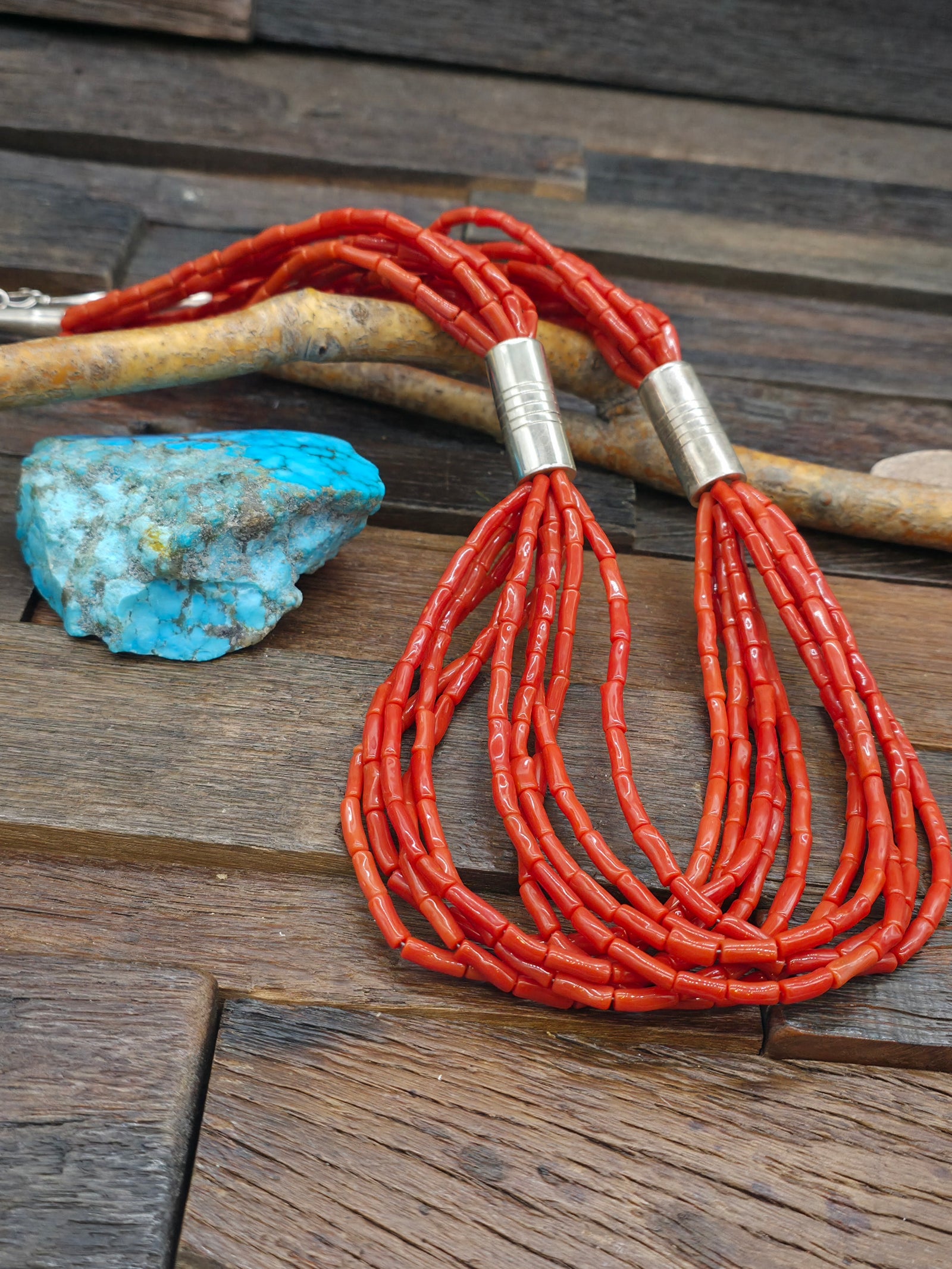 Red Coral 10 Strand Necklace w/Silver Barrel Beads - 29 in.