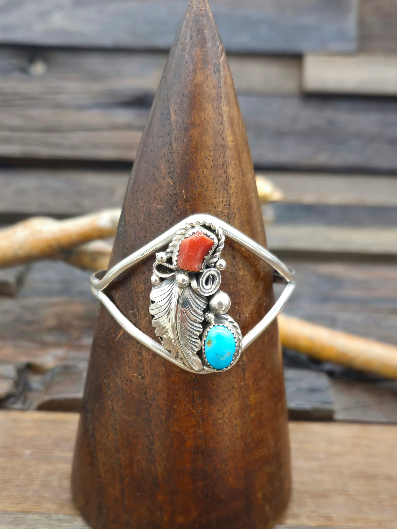 Turquoise and Coral Sterling Silver Cuff with Leaf Applique by M. Thomas Jr. - 6 1/2 in.