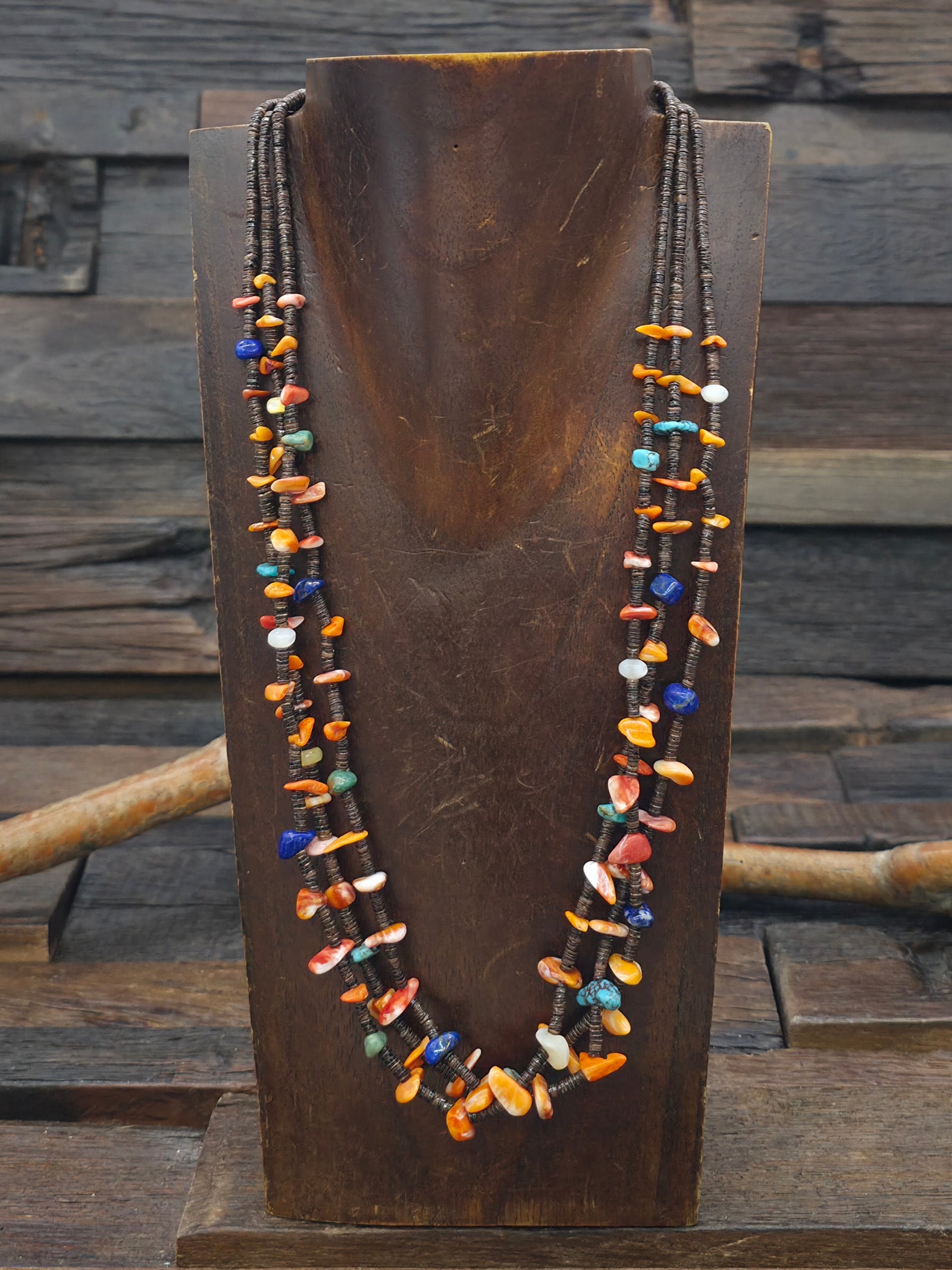 Three Strand Heishi Necklace with Lapis, Turquoise, and Spiny Nuggets by Robert Coriz - 22 in.