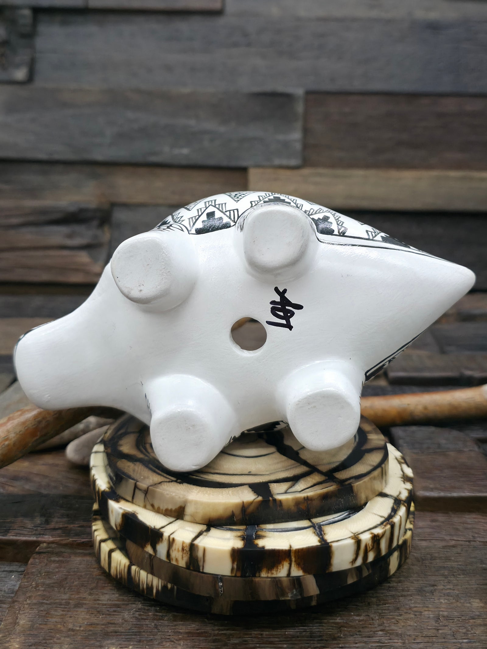 Hand Painted Black and White Triceratops Planter by A. Tsosie - 7 in. by 3 1/2 in. by 3 in.