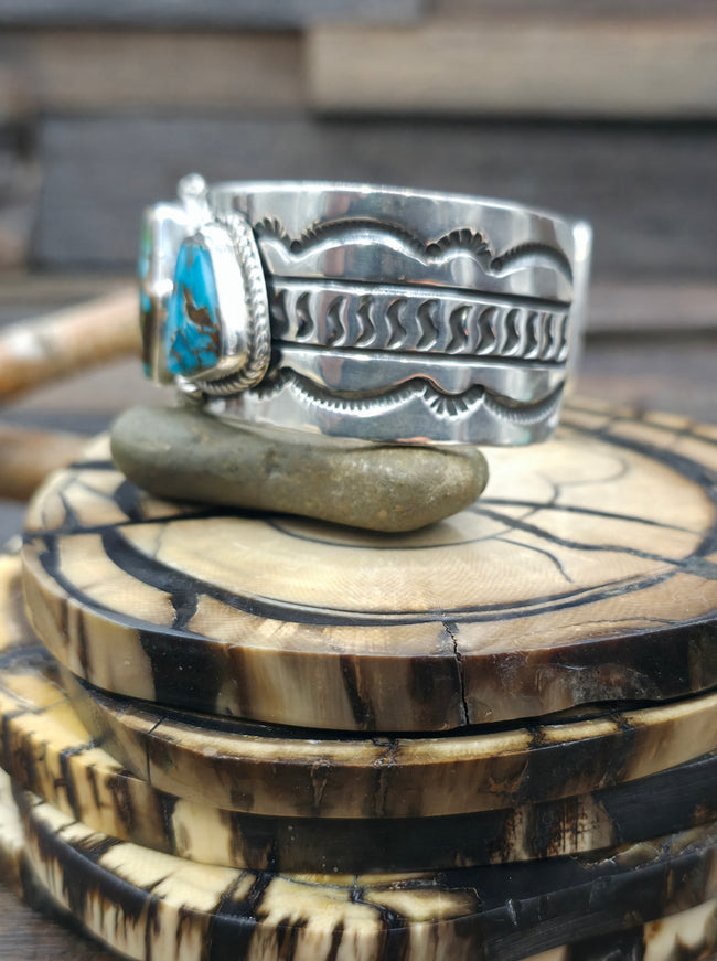 Stamped Sterling Silver and Blue Gem Turquoise Cuff by Delbert Delgarito  - 7 1/2in.