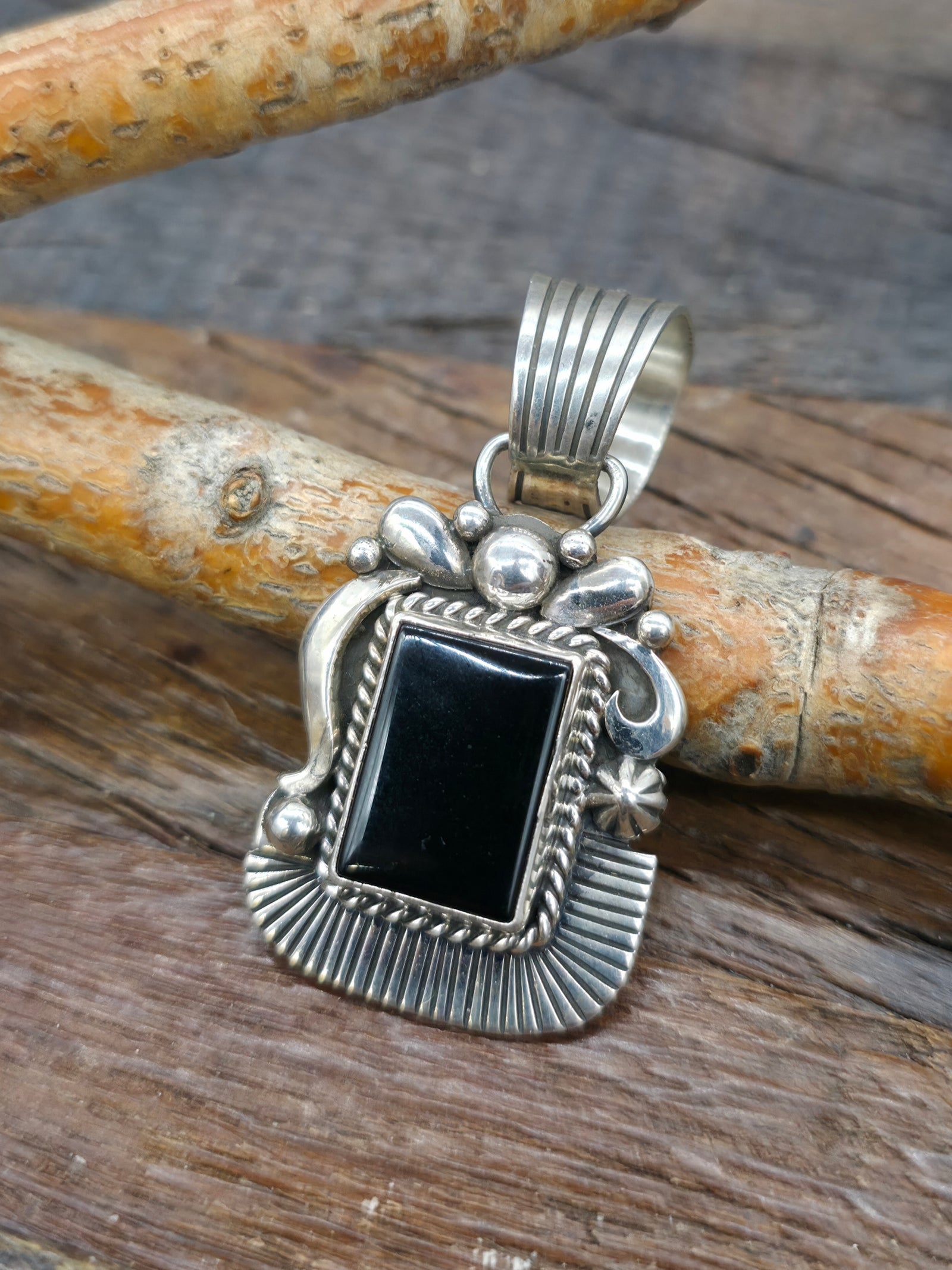 Sterling Silver Black Onyx Rectangular Pendant by Albert Jake - 2 in. by 1 in.