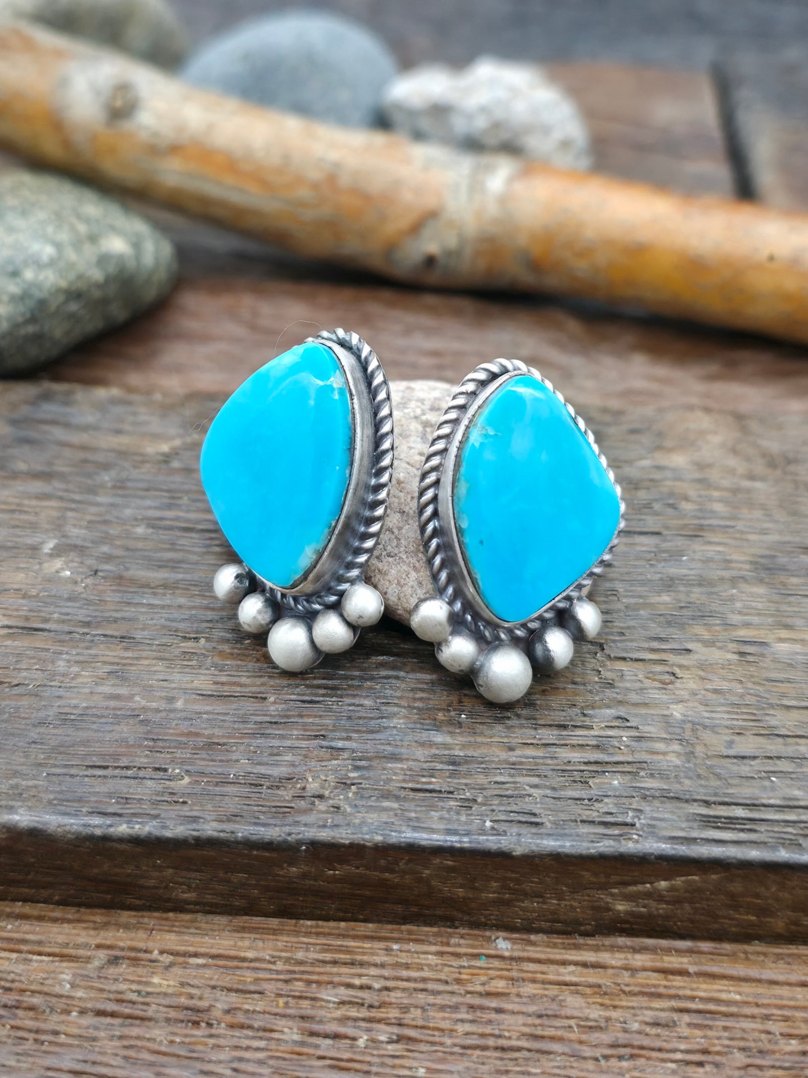 Sterling Silver Candelaria Turquoise Post Earrings by LaRose Ganadanegro - 1 1/4 in. by 3/4 in.