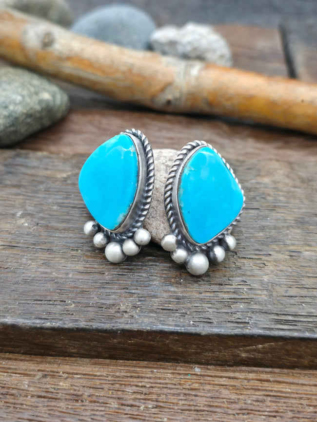 Sterling Silver Candelaria Turquoise Post Earrings by LaRose Ganadanegro - 1 1/4 in. by 3/4 in.