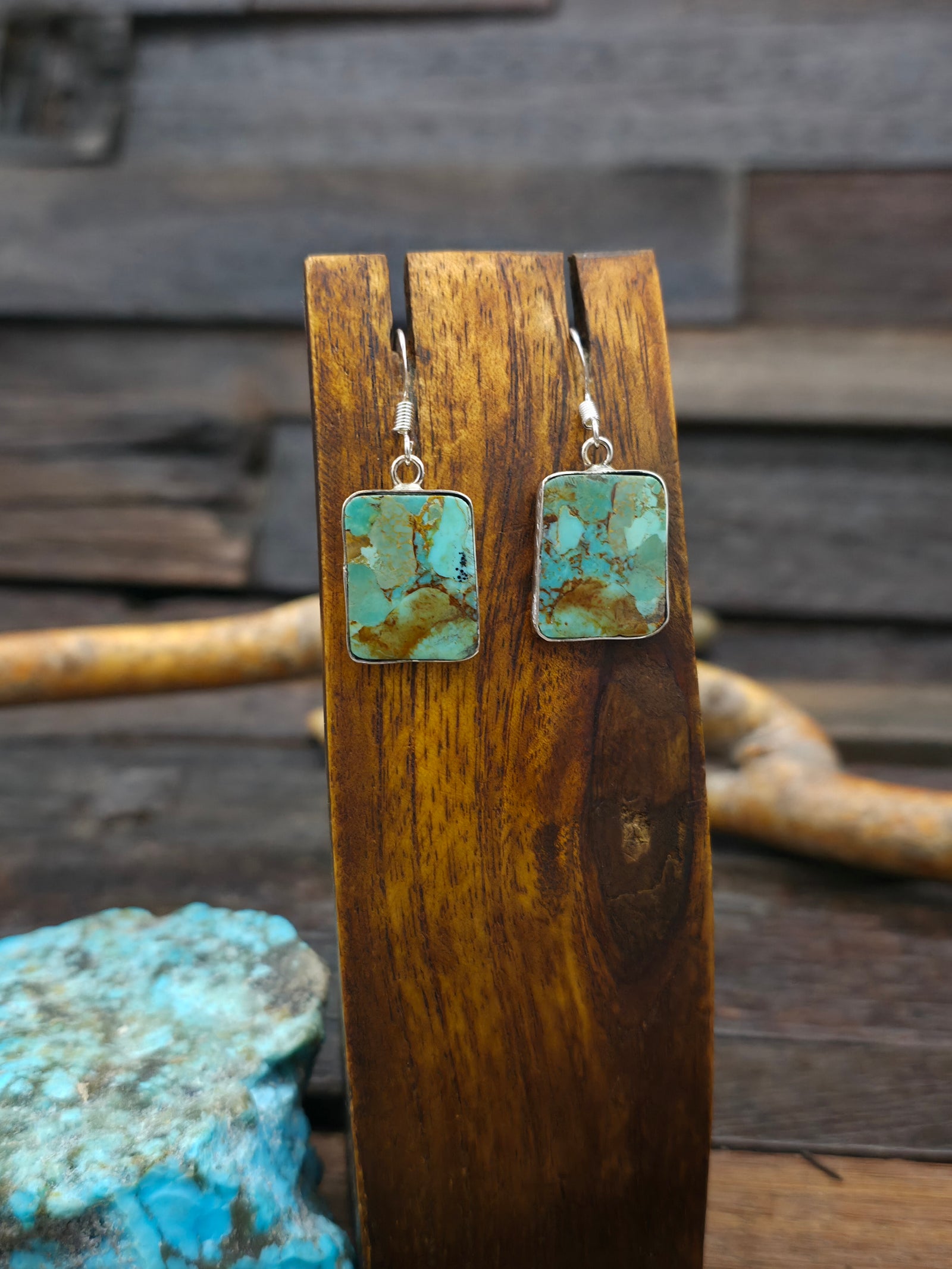 Turquoise and Sterling Silver Square Slab Hook Dangle Earrings by Veronica Tortalita
