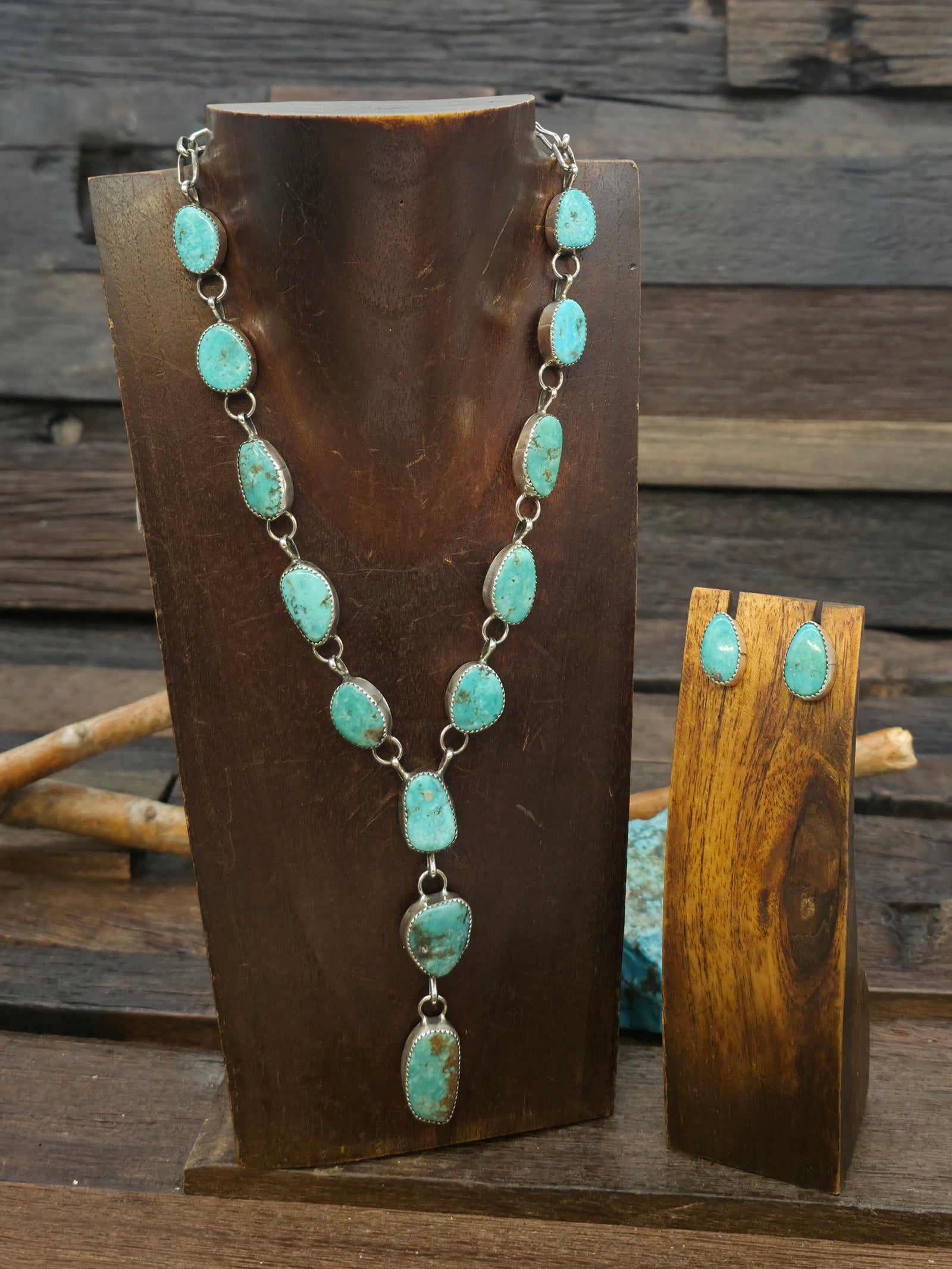 Sterling Silver Whitewater Turquoise Lariat Necklace and Earring Set by Levi Hoskie - 20 in. with 3 in. Drop