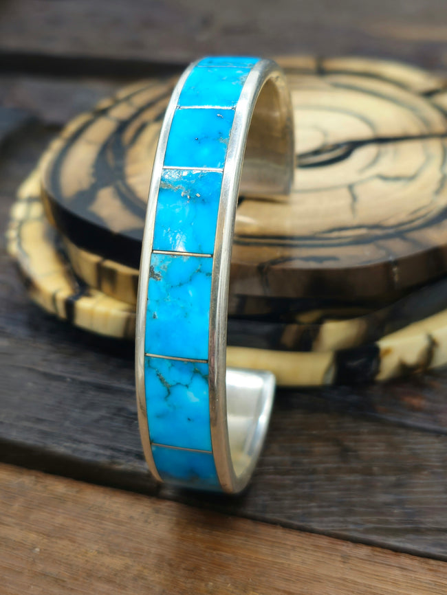 Sterling Silver and Turquoise Channel Inlay Bracelet by Larry Loretto 7 in