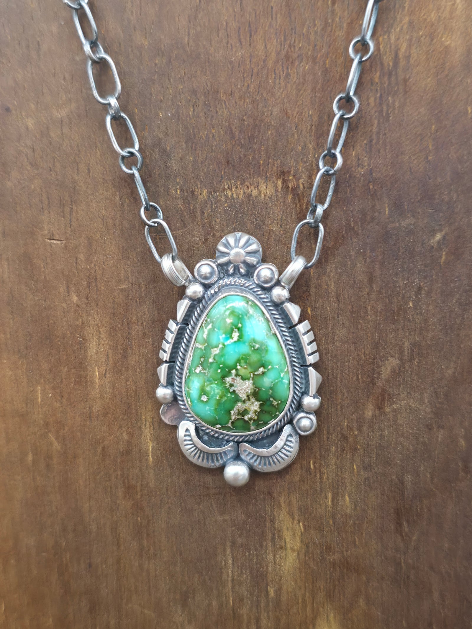 Stamped Sterling Silver and Sonoran Turquoise Pendant Necklace by Daniel Benally - 18 in.