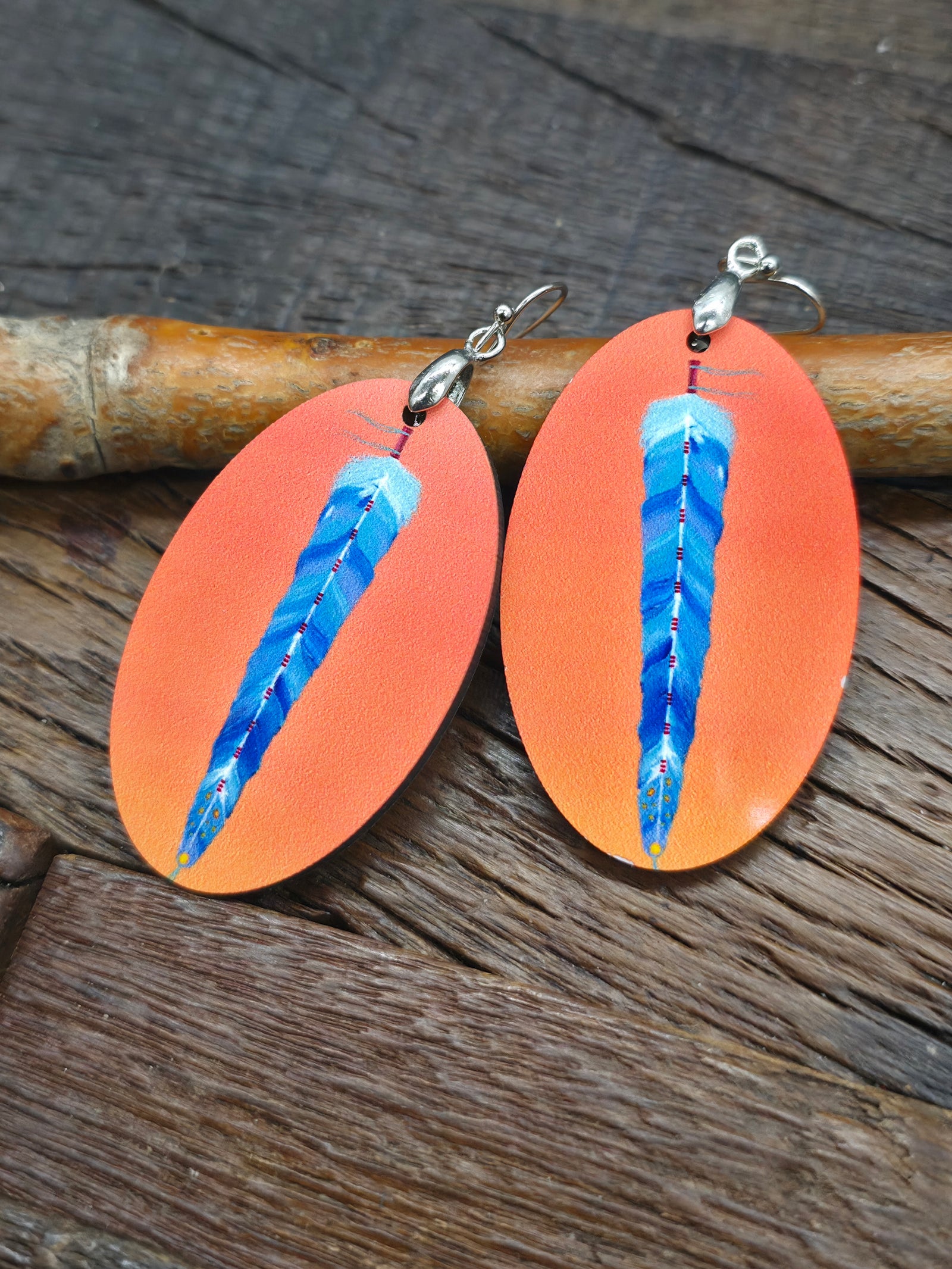 Art Earrings by Bill and Tracy Rabbit - Blue Feather on Orange