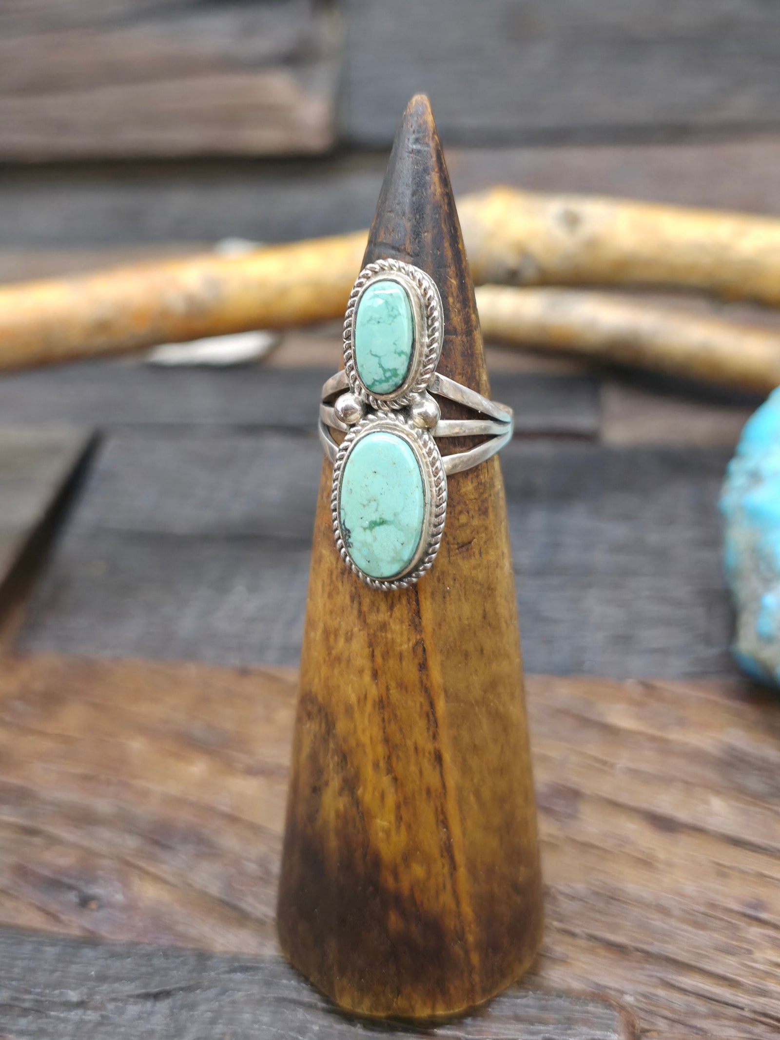 Two Stone Sterling Silver Green Turquoise Ring by L. Ganado - Size 7 1/2