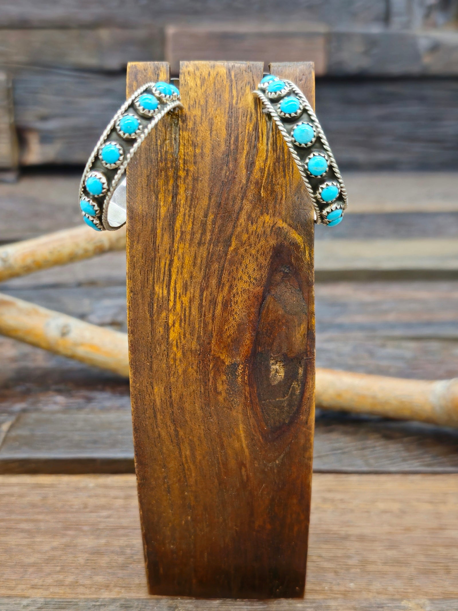 Blue Turquoise and Sterling Silver Hoop Earrings by Aaron Davis - 1 1/4 in