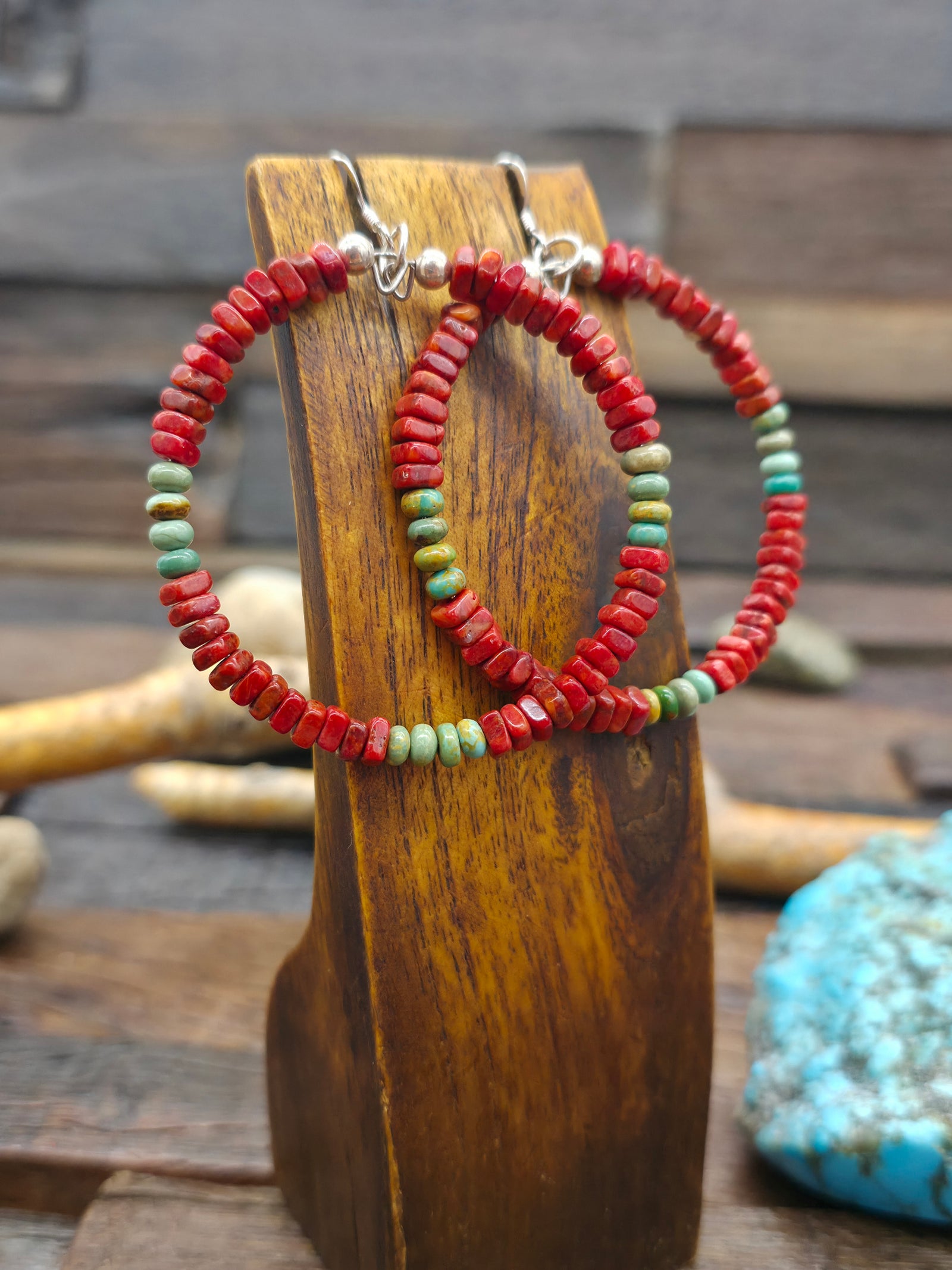 Apple Coral and Turquoise Bead Hanging Hoop Earrings