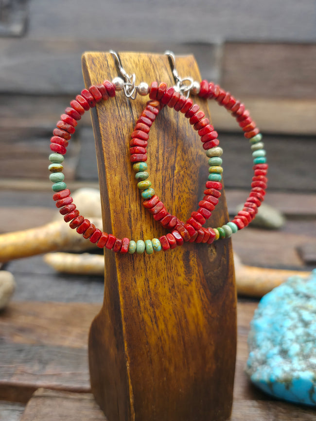 Apple Coral and Turquoise Bead Hanging Hoop Earrings