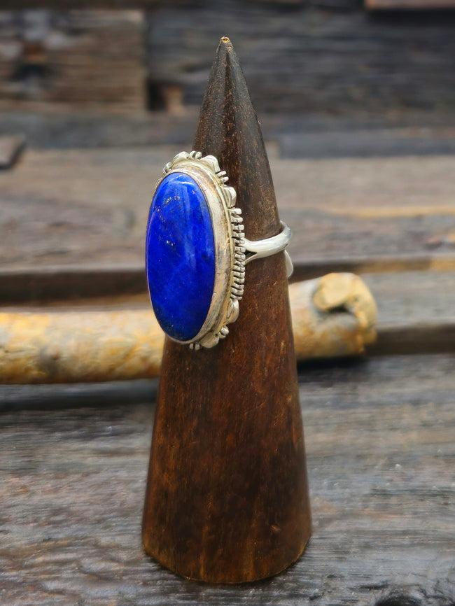 High-Shine Sterling Silver Lapis Lazuli Oval Ring by L. Yazzie Size 10