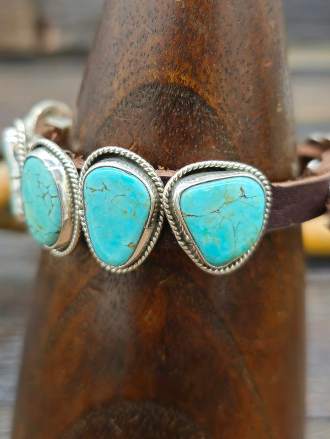 Seven Stone Turquoise Leather Buckle Bracelet