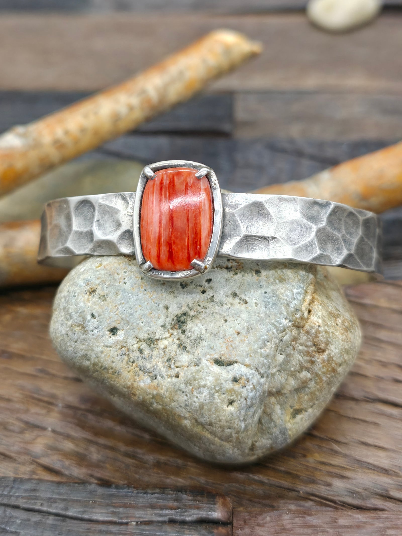 Hammered Sterling Silver Cuff with Orange Spiny by Jacob Troncosa - 6 3/4 in. with Gap