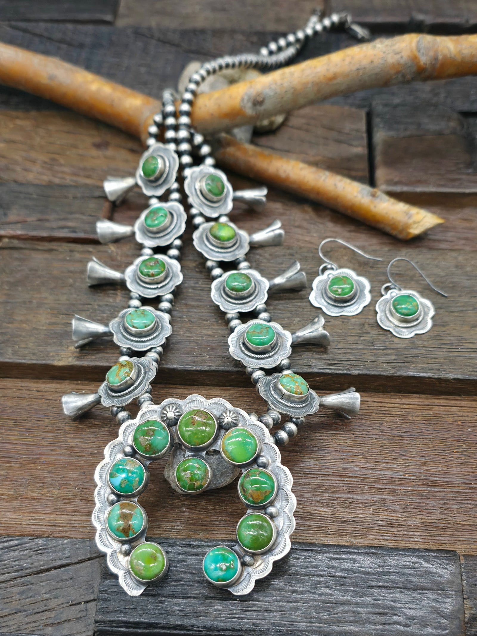 Stamped Sterling Silver Sonoran Turquoise Squash Blossom Necklace and Earring Set by Danny Henio - 22 in.