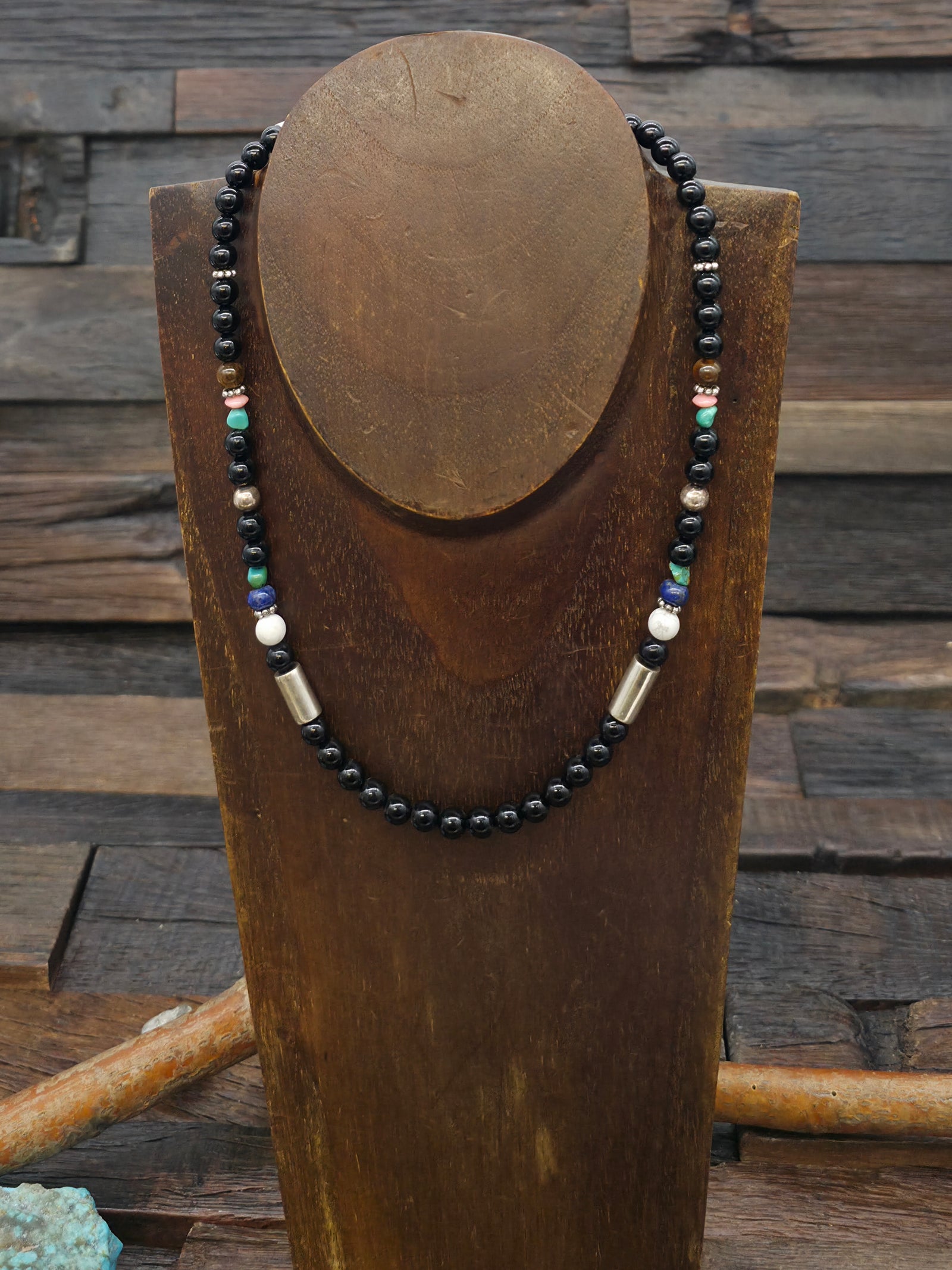 Onyx and Mixed Bead Necklace w/Sterling Silver by Rose Singer - 18 in.