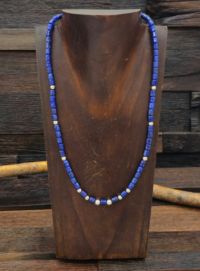Lapis Lazuli Stone and Sterling Silver Bead Necklace 20 in.