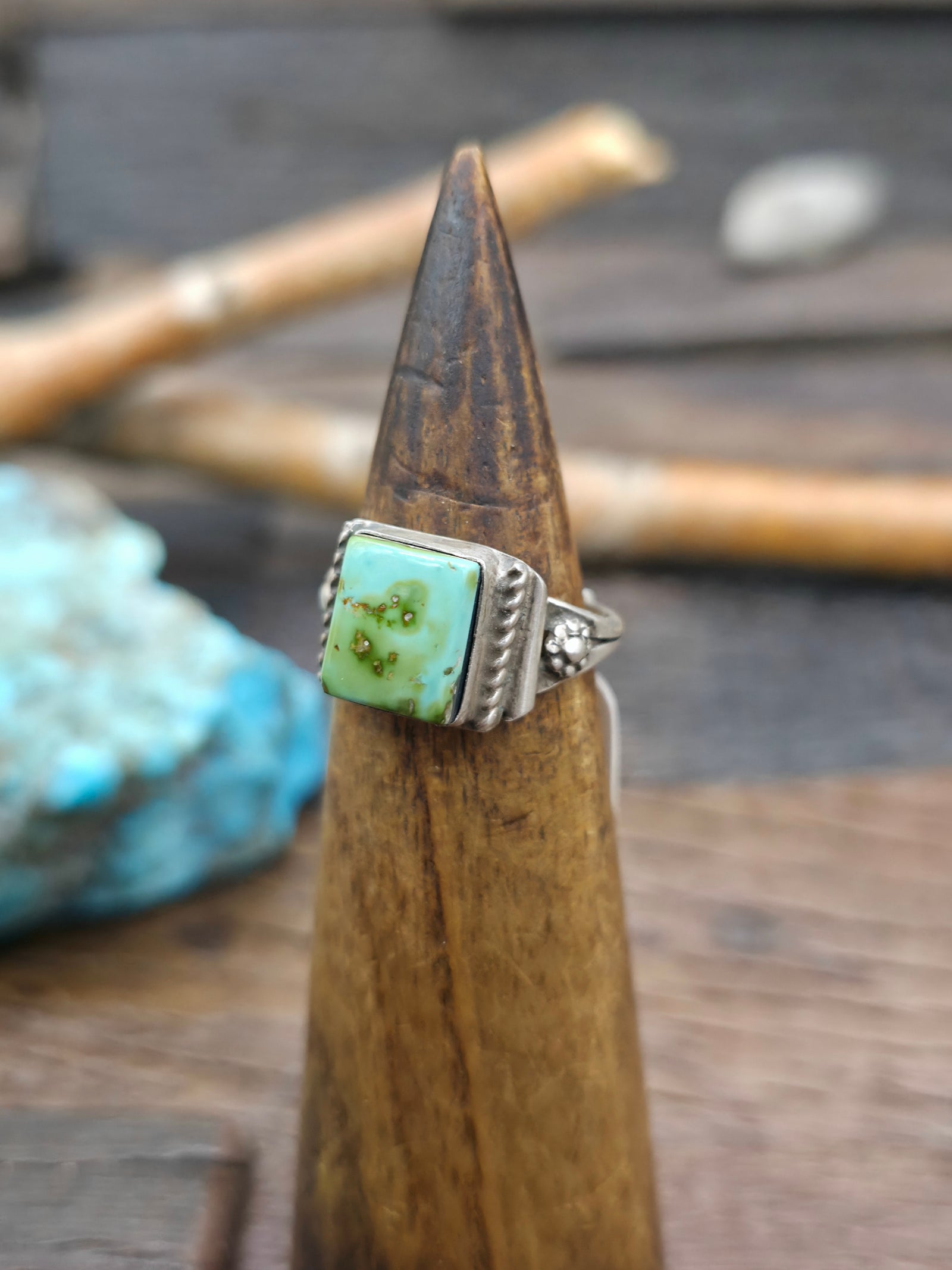 Stamped Brushed Sterling Silver Square Sonoran Turquoise Ring by "TR" - Size 8