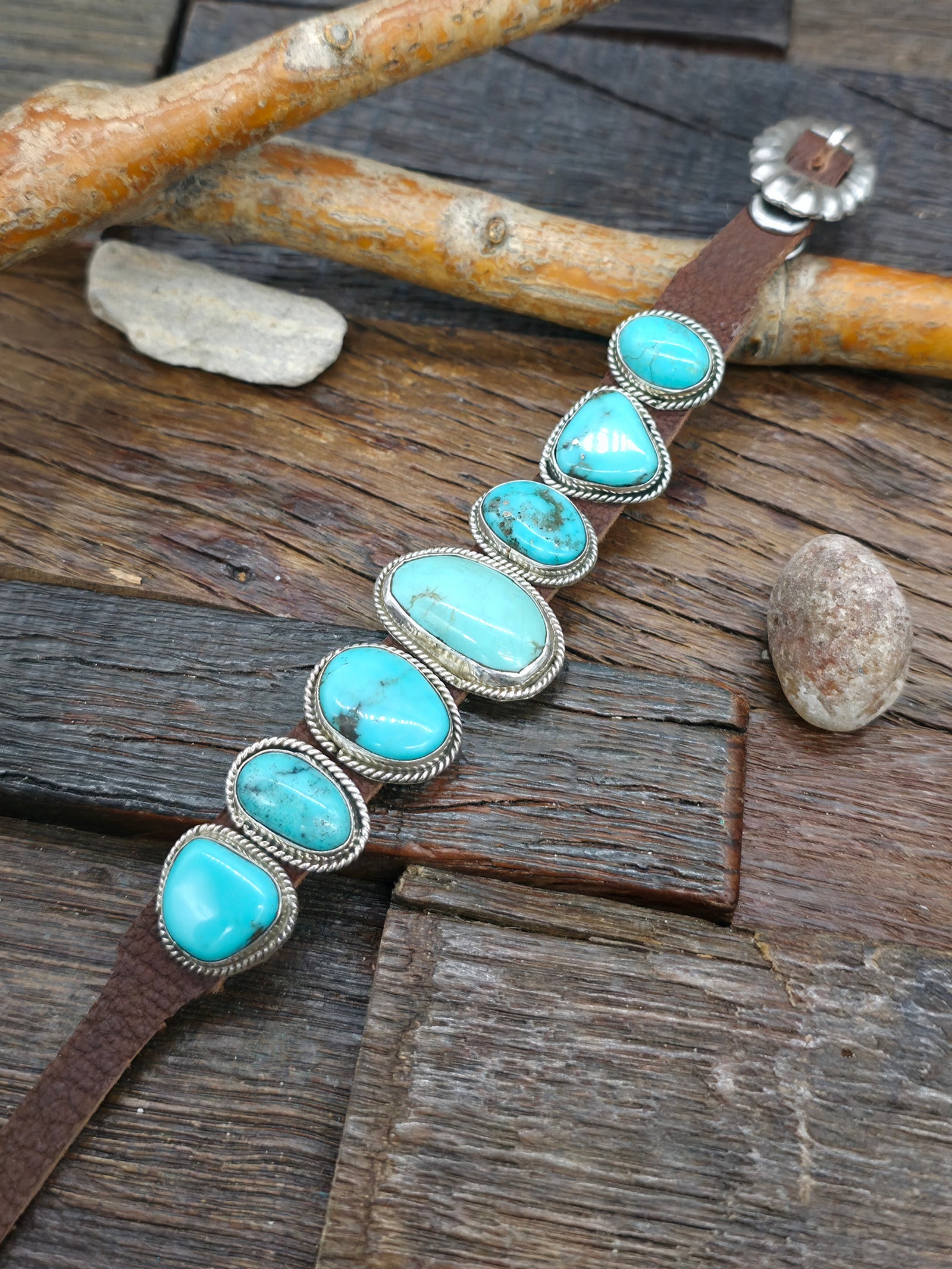 Seven Stone Turquoise Brown Leather Buckle Bracelet - 8 in.