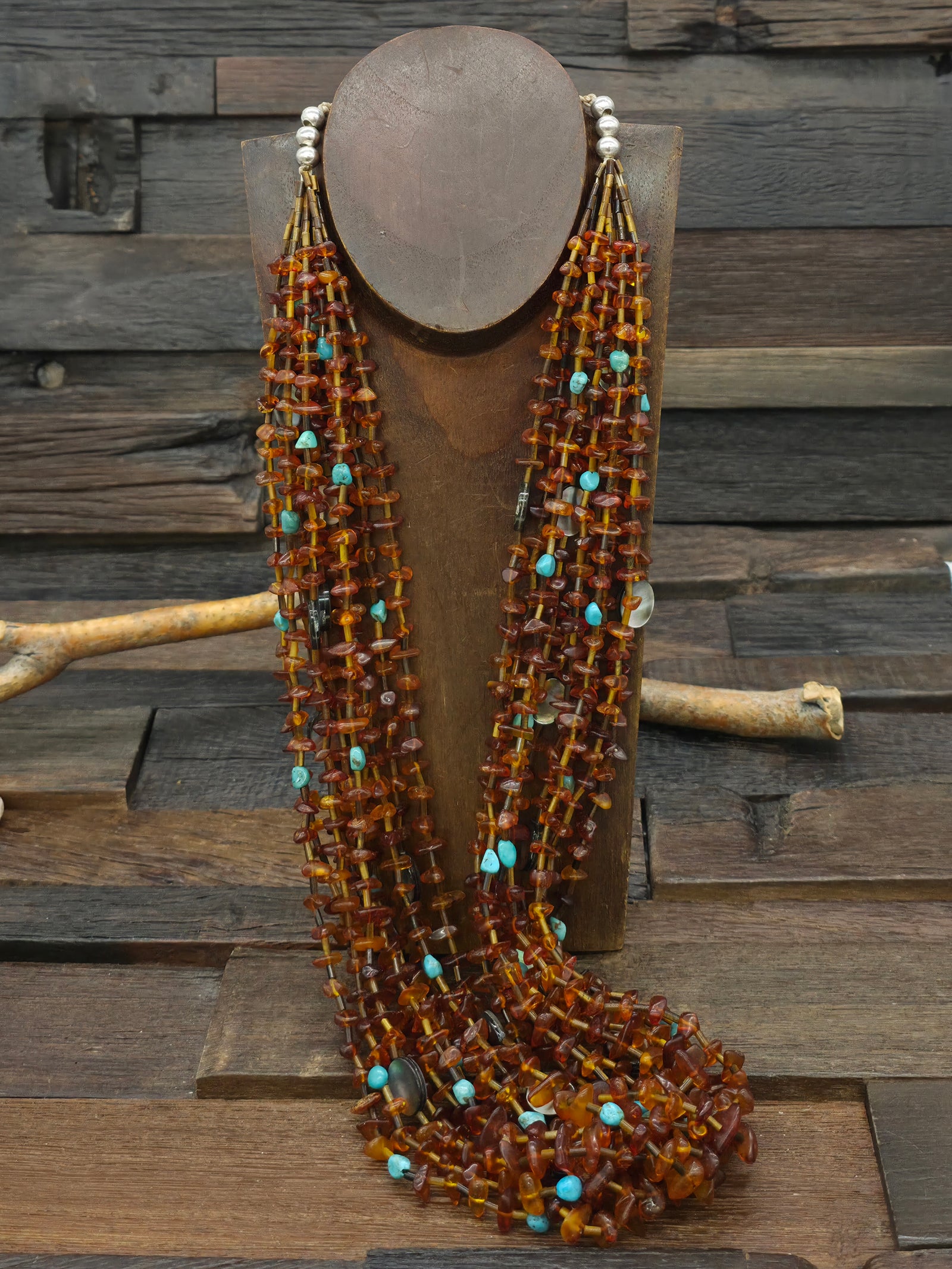 Ten Strand Amber, Abalone, and Turquoise Necklace by Eileen Coriz - 34 in.