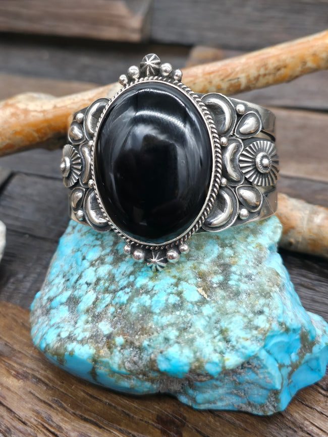 Stamped Sterling Silver Onyx Cuff Bracelet by Derrick Gordon - 6 1/4 in. with Gap