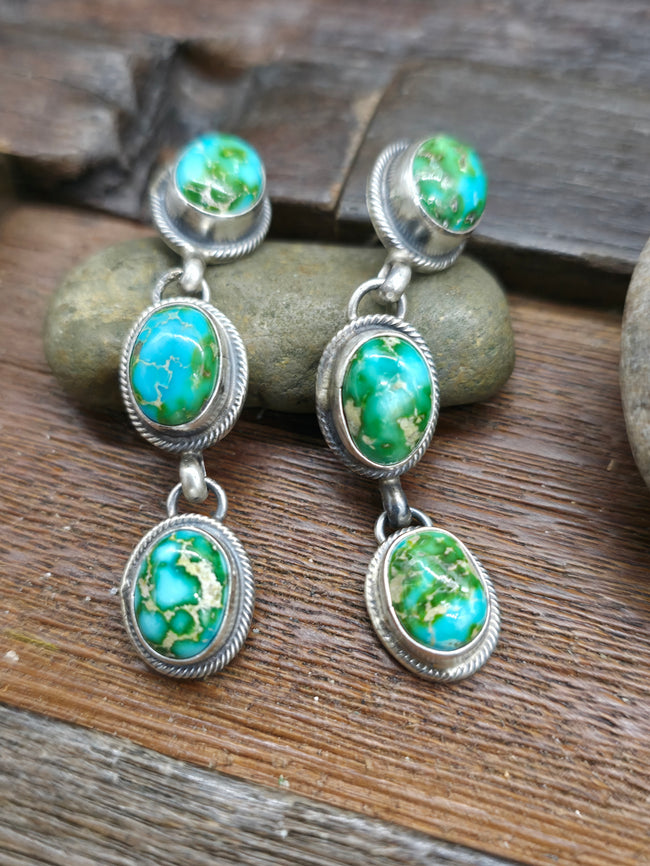 Sonoran Gold Turquoise Sterling Silver Lariat Necklace and Post Dangle Earrings Set by Kathleen Livingston - 24 in.