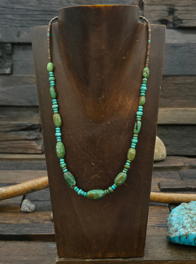 Sky Horse Turquoise and Olive Shell Heishi Necklace - 19 in.